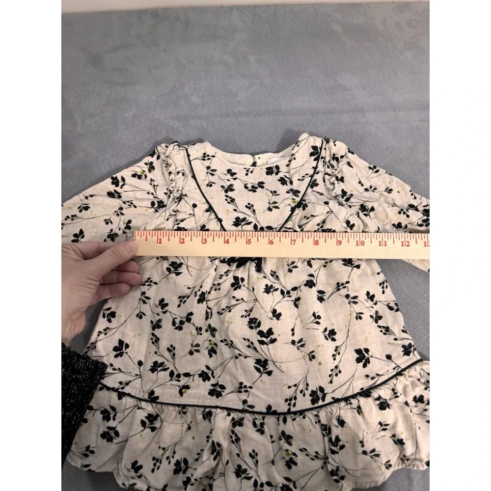 Zara 12-18 Months Neutral Floral Long‎ Sleeve Dress Prairie Boho Ruffle Soft
